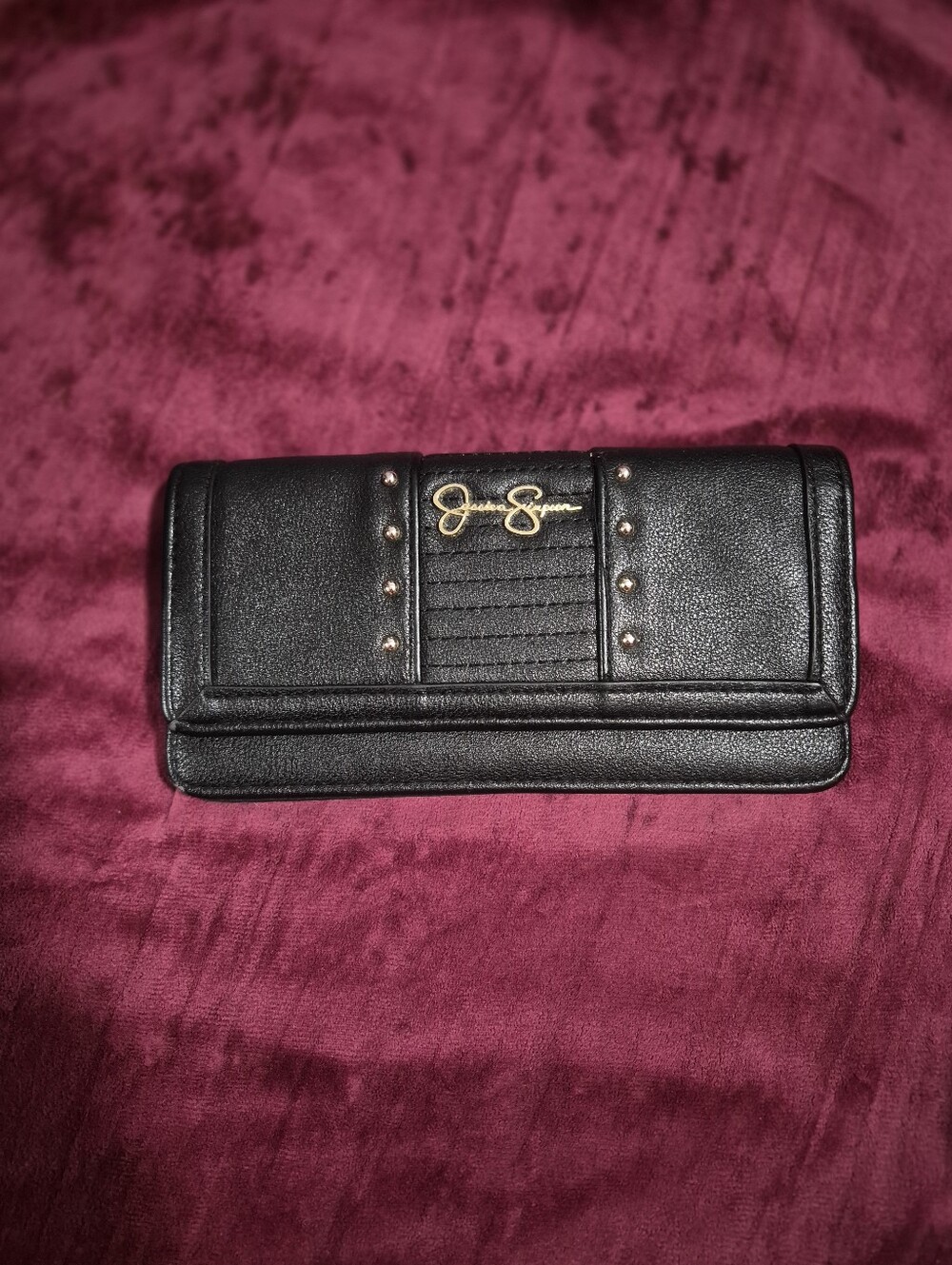 Jessica Simpson Black Foldover Wallet with Gold Logo and Stud Accents